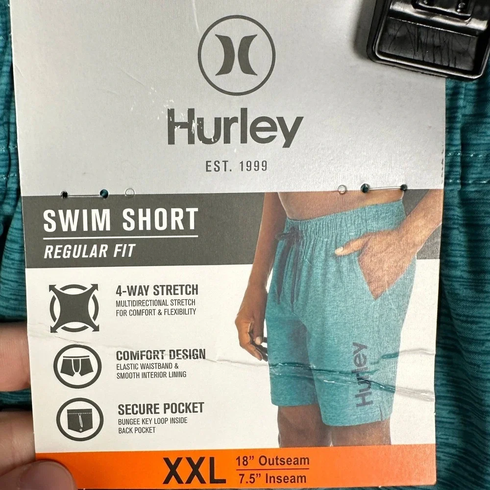 NEW Hurley Swim Shorts Mens 2XL Teal Blue Heather Lined Swimtrunks Board Shorts